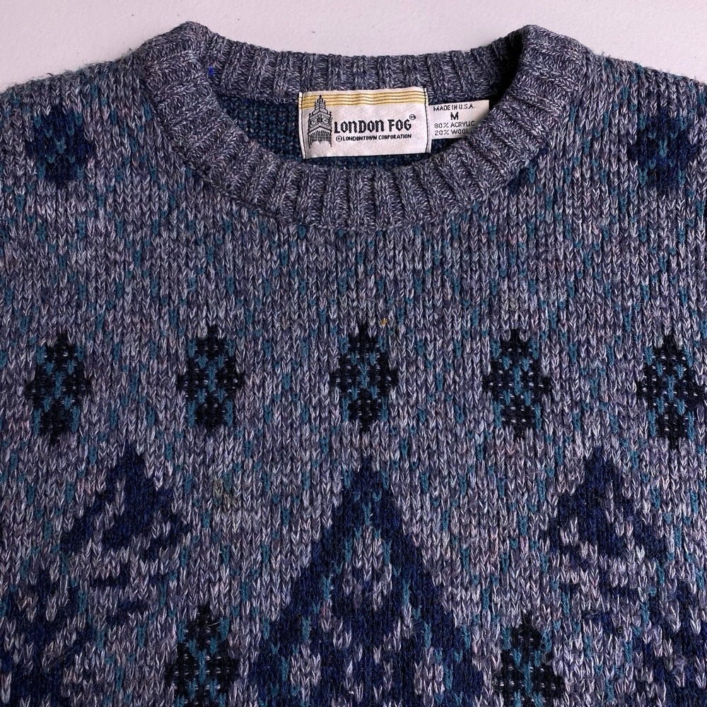 80s 90s London Fog Sweater M Mens Pullover Dark Gray Geometric Grandpacore VGUC